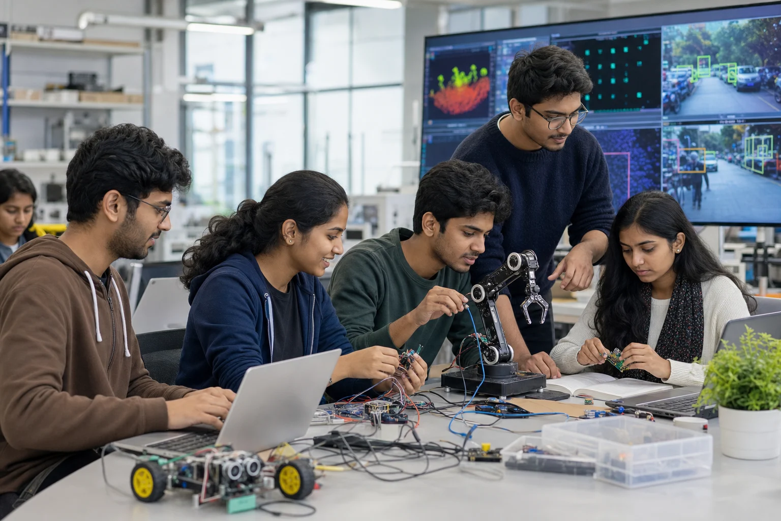 University students learning robotics and artificial intelligence in an innovation lab